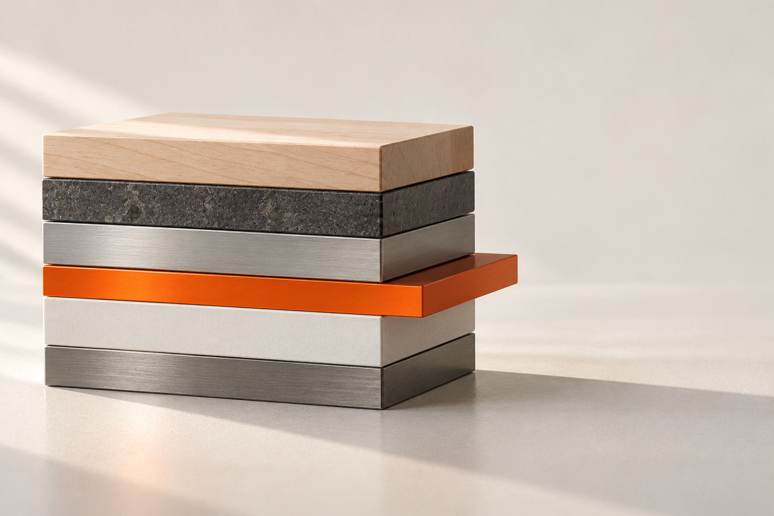 Sorgfältig geschichtete Platten aus Holz, Stein und Metall, die gemeinsam eine stabile, ruhige Form bilden