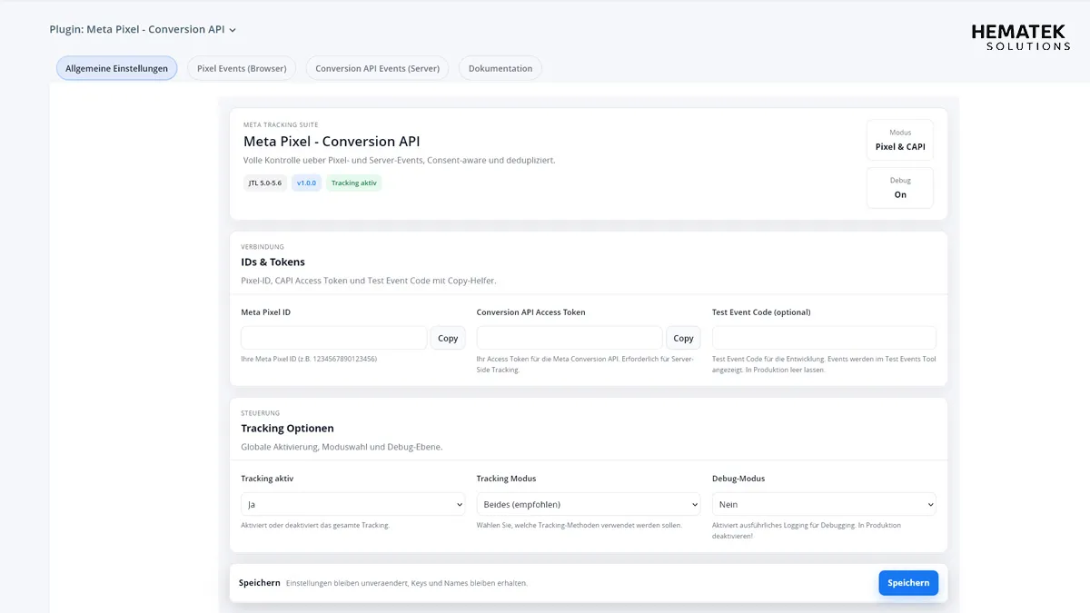 Plugin-Backend des Meta-Pixel-Plugins mit Feldern für Pixel-ID, Access Token und Test Event Code sowie Auswahl für Tracking-Modus und Debug-Modus