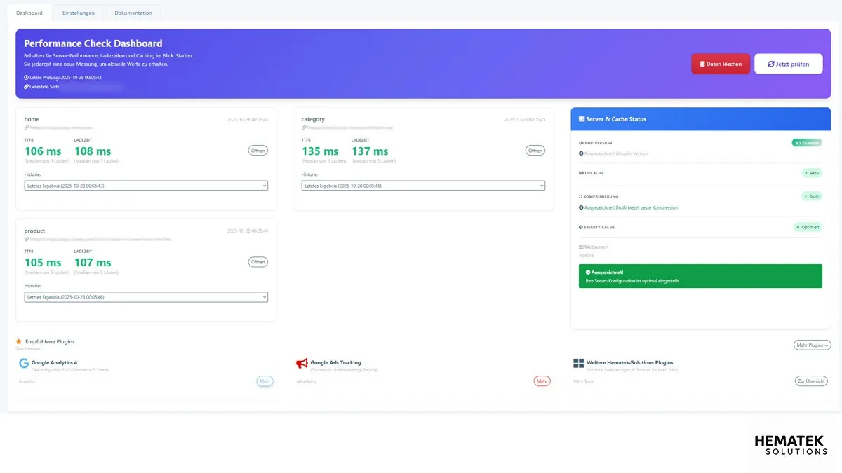 Dashboard des Performance Checks mit TTFB- und Ladezeitwerten für Start-, Kategorie- und Produktseite sowie einem Statusbereich für PHP-Version, OPCache, Komprimierung und Smarty-Cache
